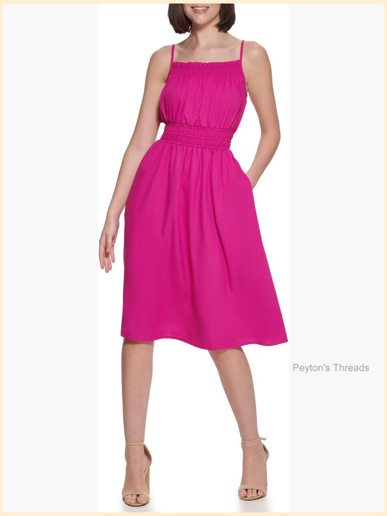 Smocked Cami Midi Dress With Spaghetti Strap - A-Line Solid Pull-On